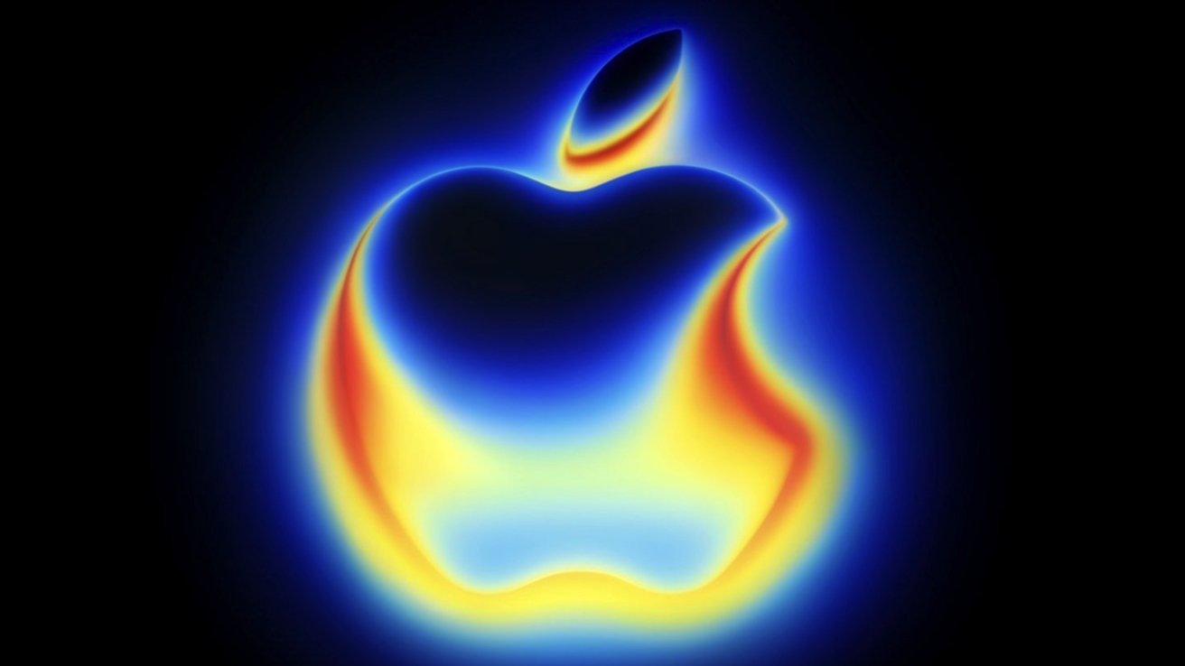 Image of Apple logo, glowing with blue, yellow, red/orange